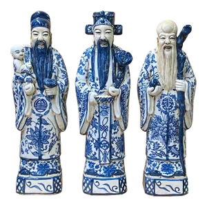 Chinese Distressed Blue White Color Fengshui Fok Lok Shao Figure Set