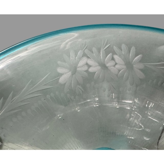Early 20th Century Steuben Sinclaire Floral Etched Art Glass Footed Console Compote Bowl Blue Edge For Sale - Image 10 of 12