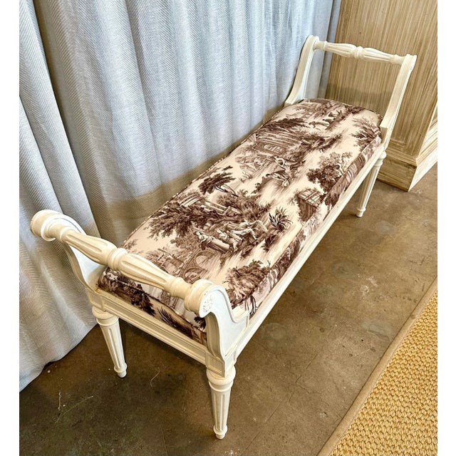 Exquisite French style white patina finish bench, upholstered in stunning Joy d’ Toile brown and white 100% cotton fabric.