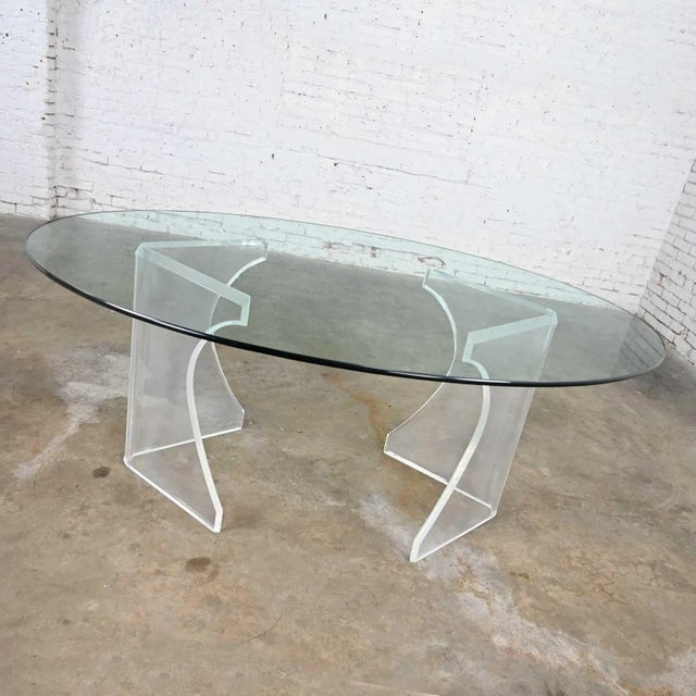 Transparent Vintage Modern to Hollywood Regency or Art Deco Dining Table Lucite Sculptural Base Oval Glass Top For Sale - Image 8 of 18