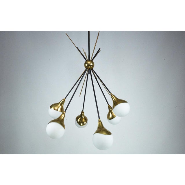 Gold Mid-Century Italian Brass and Opaline Glass Chandelier from Stilnovo, 1950s For Sale - Image 8 of 16