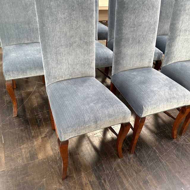Bespoke Blue Velvet + Oak Wood Dining Chairs, Set of Twelve For Sale - Image 11 of 12