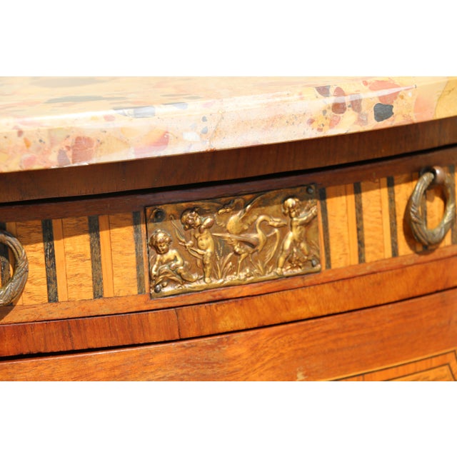 Pair Antique French Louis XV Style Marble Top Inlaid Wood Nightstands, Circa 1940s For Sale In Los Angeles - Image 6 of 18