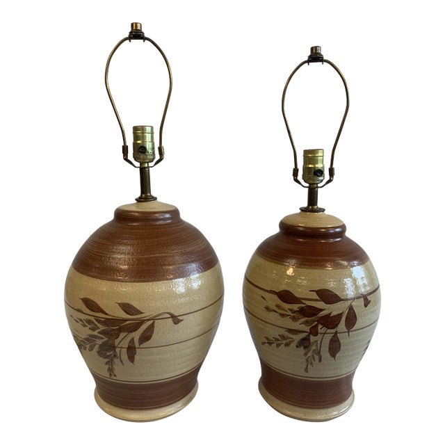 Pair of 1970’s Vintage Earthenware Mountain Cabin Lamps For Sale