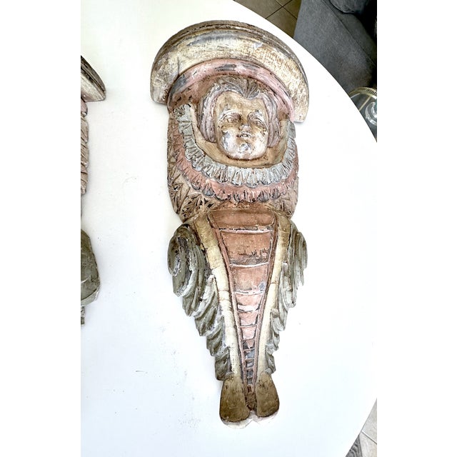 Wood Pair Spanish Colonial Wood Polychrome Cherub Corbel Wall Brackets For Sale - Image 7 of 17