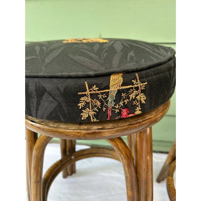 1980s 1980s Rattan Bamboo Upholstered Bar Stools – Aviary Fabric, Set of Two For Sale - Image 5 of 11