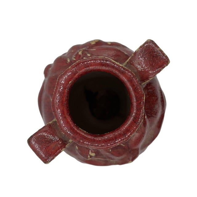 Red 1960s Red Art Pottery Vase With Dual Handles & Sculpted Floral Relief For Sale - Image 8 of 9