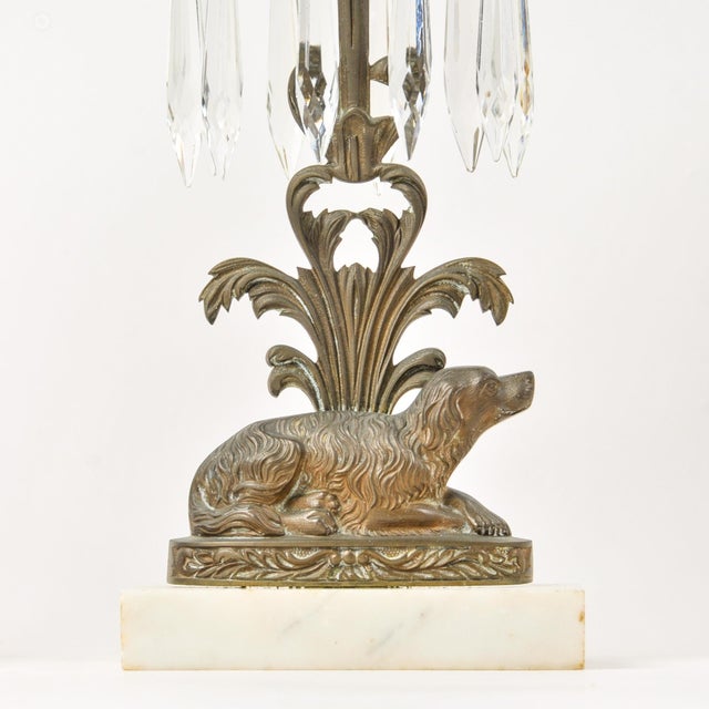 Antique Brass Spaniel Dog Candle Holders With Marble Base and Crystals For Sale - Image 4 of 16