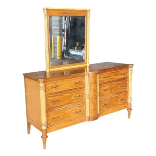 Antique French Neoclassical 1930s Inlaid Satinwood Mahogany Bedroom Dresser W/ Mirror For Sale