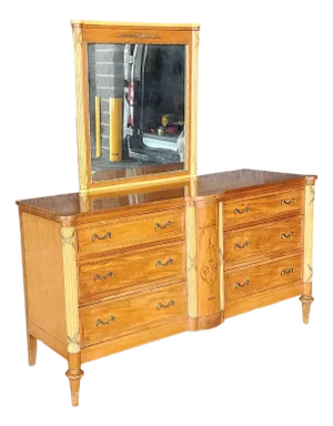Antique French Neoclassical 1930s Inlaid Satinwood Mahogany Bedroom Dresser W/ Mirror
