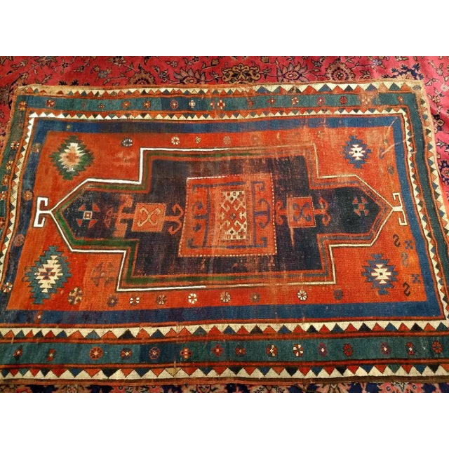 Red Antique Fachralo Kazak Prayer Rug, Handwoven Wool, Persimmon & Green, 4' X 6' For Sale - Image 8 of 8