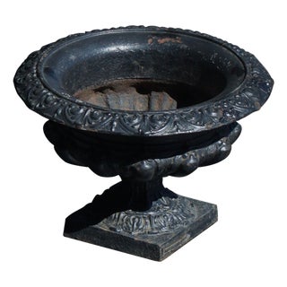 Antique French Cast Iron Garden Urn with Decorative Rim, 1920s For Sale
