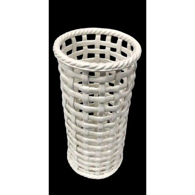 1960s 1960s Hollywood Regency Ceramic Basketweave Umbrella / Cane Stand For Sale - Image 5 of 5