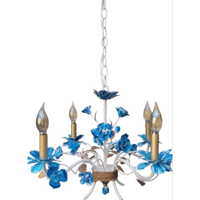 Metal Vintage Small 4 Light Tole Newly Hand Painted Blue White Chinoiserie Rose Leaf Chandelier For Sale - Image 7 of 9