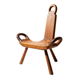 Mid 20th Century Spanish Revival Birthing Chair-Gothic Folk Art-Primitive Wood Accent Stool-Farm For Sale