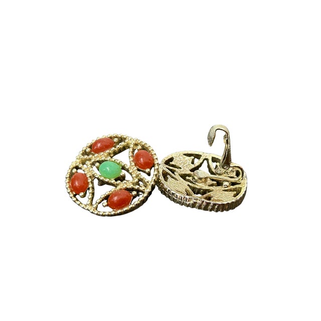 Sarah Coventry Vintage Sarah Coventry “Acapulco” Clip-on Earrings (1969) – Faux Jade & Carnelian Cabochons, Gold-Tone Signed Costume Jewelry, A Pair For Sale - Image 4 of 7