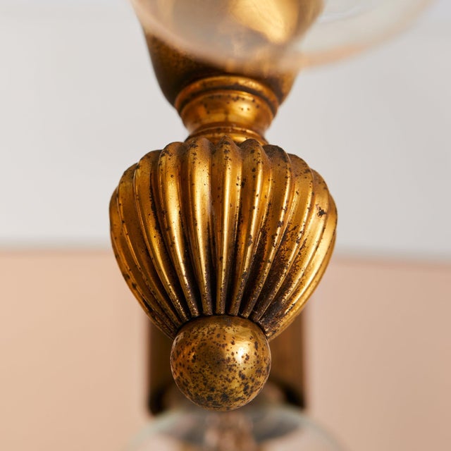 Brown 1970s Italian Brass + Curved Amber Smoked Glass Pendant Light For Sale - Image 8 of 8