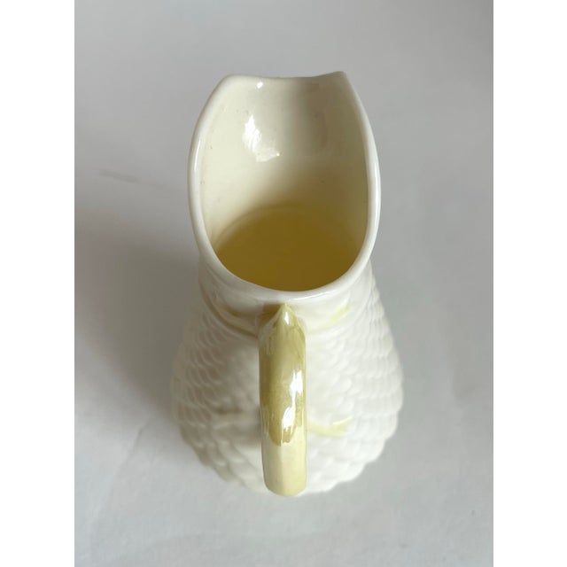 Farmhouse Vintage Belleek Ireland Porcelain Creamer Yellow Handle Basketweave Pattern For Sale - Image 3 of 8