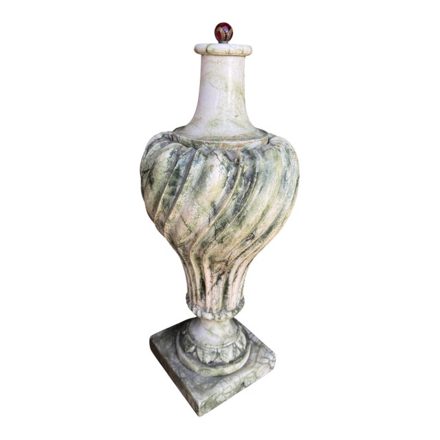 Antique Alabaster Urn With Carved Fluted Body & Red Glass Tipped Finial on Lid For Sale