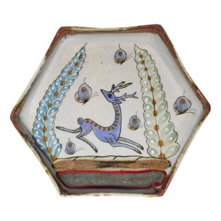Mexican Tonala Pottery Hexagonal Plate With Deer by Ken Edwards For Sale