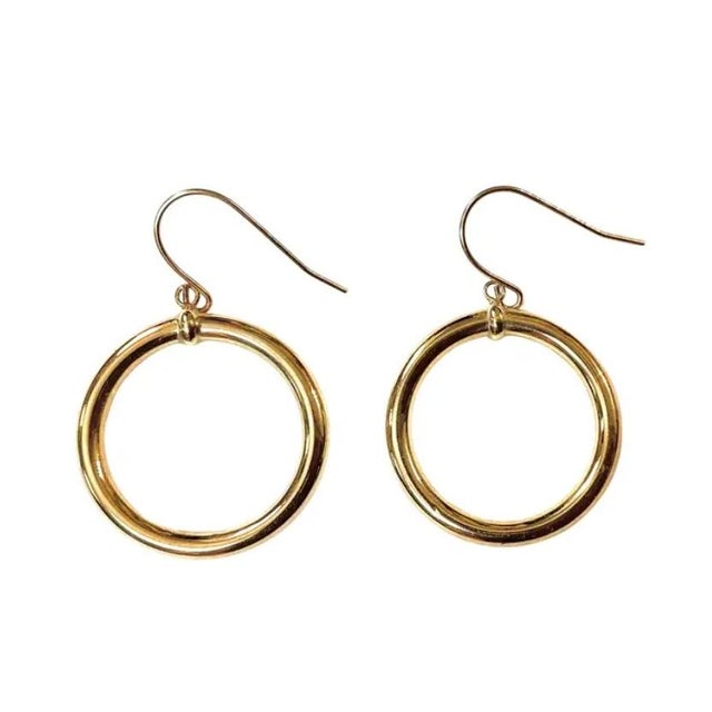 Modern Vintage 14k Gold Dangle Hoop Earrings For Sale - Image 3 of 6