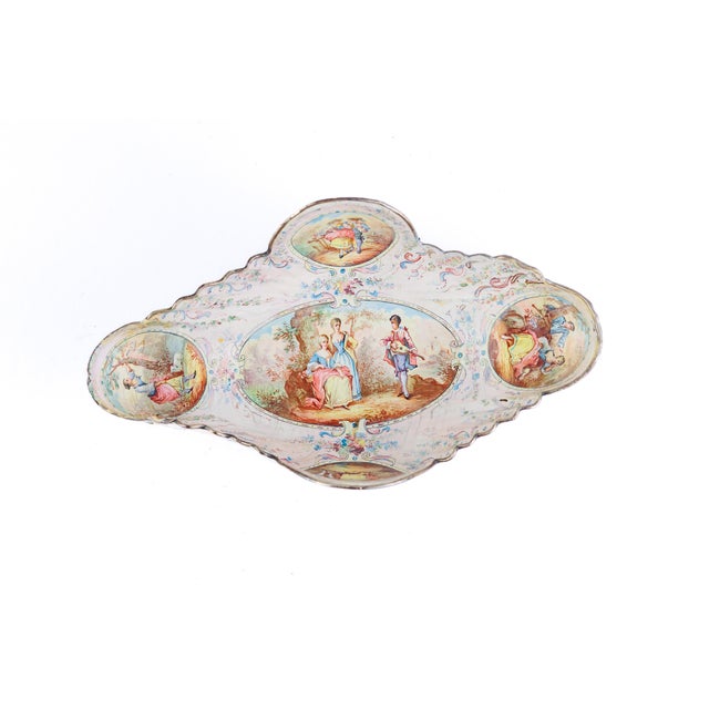 Rococo Antique Viennese Enamel & Silver Footed Dish, Courting Scenes, 19th C. For Sale - Image 3 of 8