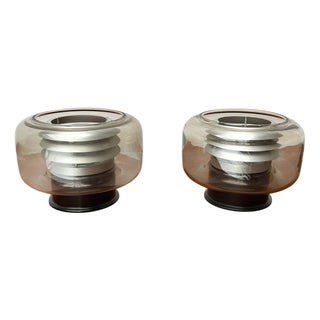 Mid-Century Modern Space Age German Lamellar Metal and Smoke Glass Flush Mounts from Erco, 1960s, Set of 2 For Sale