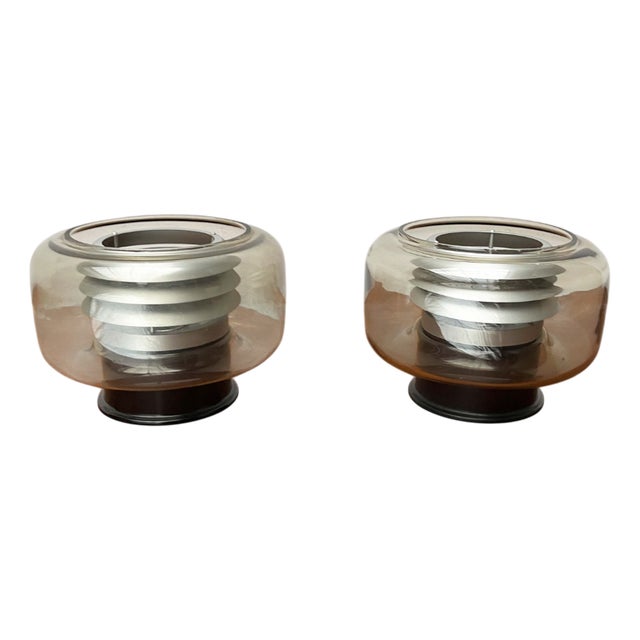 Mid-Century Modern Space Age German Lamellar Metal and Smoke Glass Flush Mounts from Erco, 1960s, Set of 2 For Sale