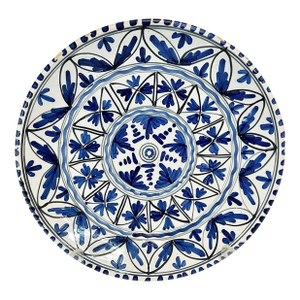 Mid-Century Boho Chic Mexican Folk Art Hand Painted Pottery Plate in Blue & White