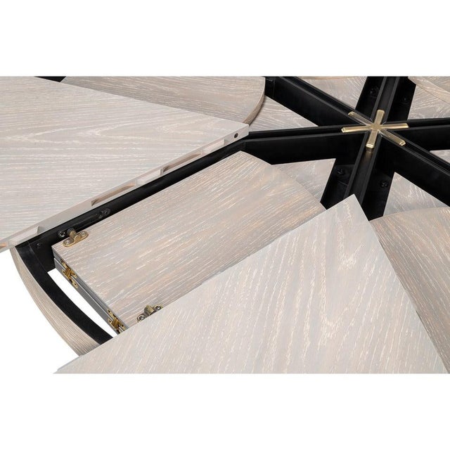 Transitional Round Dining Table, Medium - Grey Oak With Hammered Iron Accents For Sale In Raleigh - Image 6 of 11