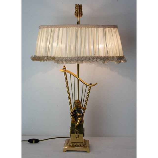 Mid-Century French Brass Table Lamp with Putti Reading in Front of a Harp, 1960s For Sale - Image 3 of 15