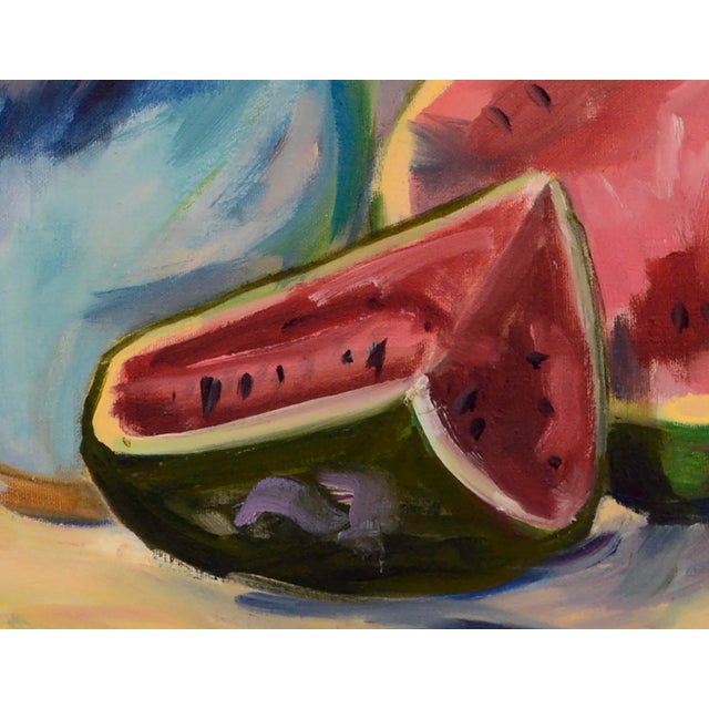 1970s Watermelon and Blue Vase Still-Life by Sally Minton For Sale - Image 5 of 8