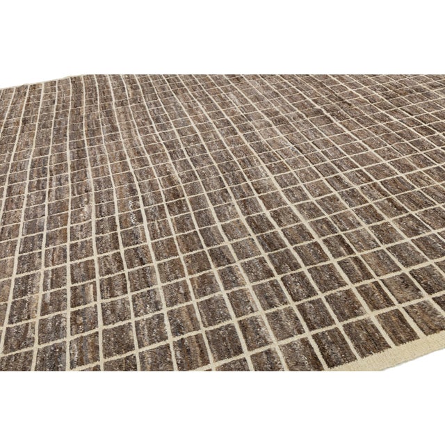 Textile 12x16 Brown Modern Moroccan Style Grid Hand-Knotted Wool Area Rug For Sale - Image 7 of 9