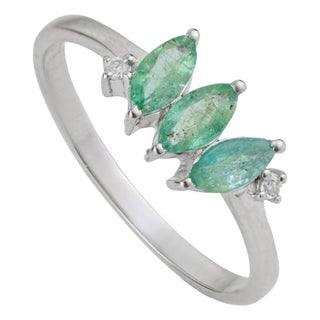 Handmade Three Stone Marquise Emerald & Diamond Ring in 925 Silver Size 7.5 For Sale