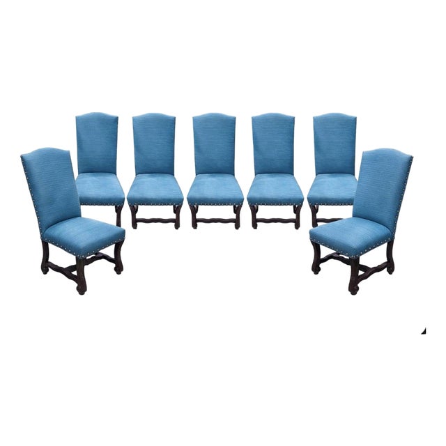 Set of 8 Designmaster “Strasbourg” French Carved Dining Chairs in Peacock Blue For Sale