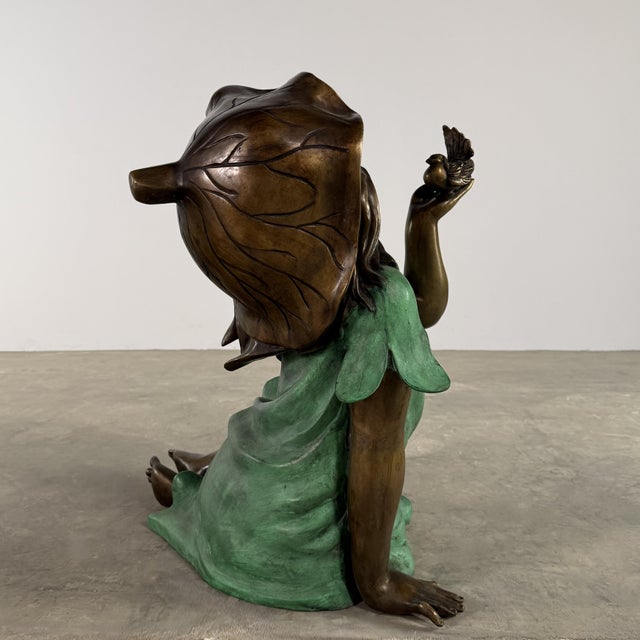 Metal Bronze Garden Girl With Bird Sculpture – Verdigris Dress, 25” H Outdoor Statue For Sale - Image 7 of 9