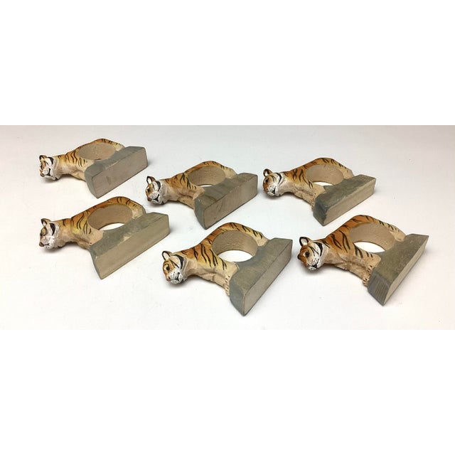 1990s Vintage Hand-Carved Painted Tiger Figural Napkin Rings Set of 6 For Sale - Image 5 of 5