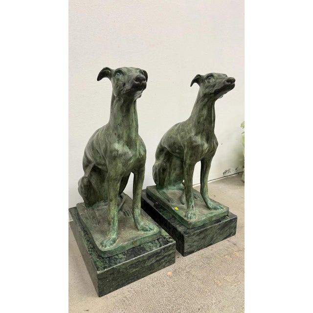 Pair of Bronze Greyhound Dog Sculptures on Marble Bases For Sale - Image 11 of 11