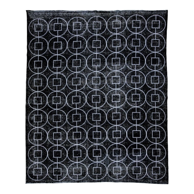 Black Modern Turkish Handmade Geometric Pattern Wool Rug For Sale