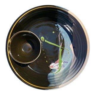 Mid Century Modern Round Glazed Black Chip and Dip Serving Bowl - Signed For Sale