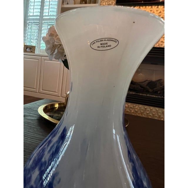 2000 - 2009 Contemporary White and Cobalt Blue Vase Polish Glass For Sale - Image 5 of 8