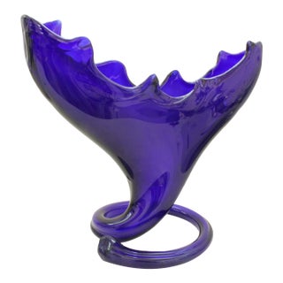 1970s Cobalt Blue Blown Glass American Cornucopia Gondola Centerpiece Vase For Sale
