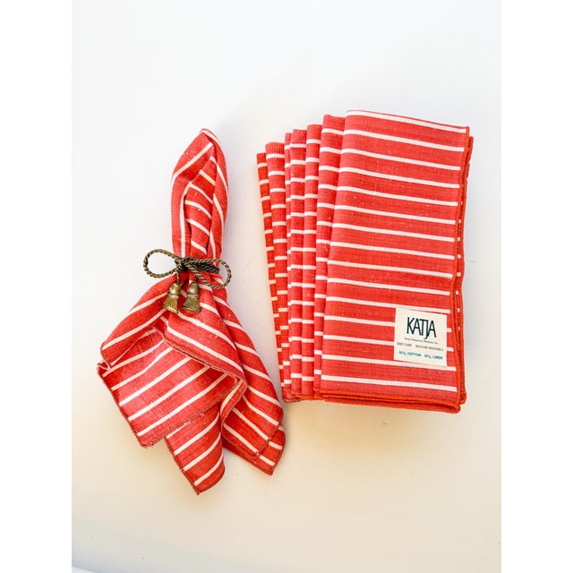 Mid-Century Modern Vintage Linen Cotton Striped Cloth Dinner Napkins, Persimmon For Sale - Image 3 of 7