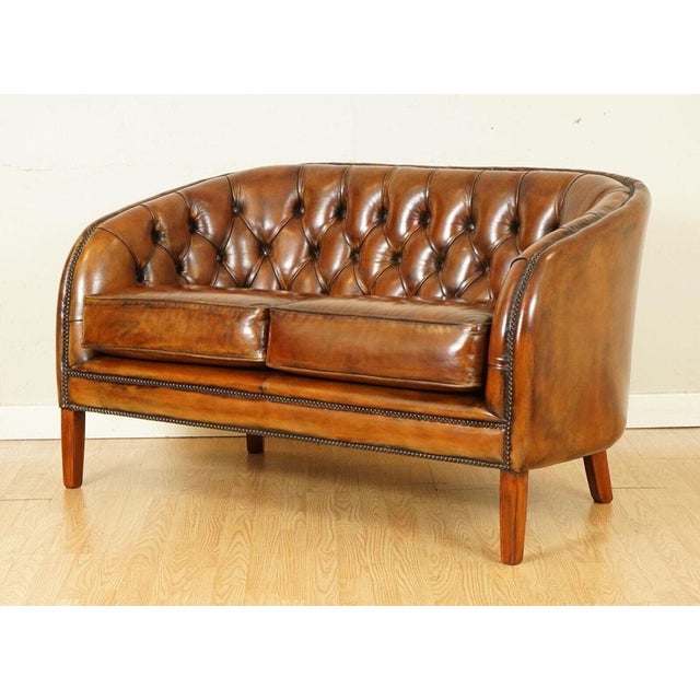 Whiskey Brown Hand-Dyed Leather 2-Seater Sofa, 1940s For Sale - Image 3 of 12