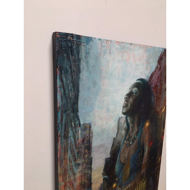 Contemporary Regal Blue by Christopher Clark | Oil on Wood Panel Woman in a blue dress against a city backdrop. For Sale - Image 3 of 3