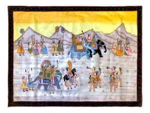1950s Hand Painted Mid Century Maharaja Royal Procession on Silk