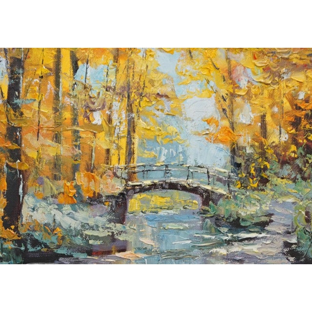 Original oil landscape by Sean Wu, A wooden bridge in the autumn woods and the stream flowing quietly beneath it.
