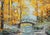 Original oil landscape by Sean Wu, A wooden bridge in the autumn woods and the stream flowing quietly beneath it.