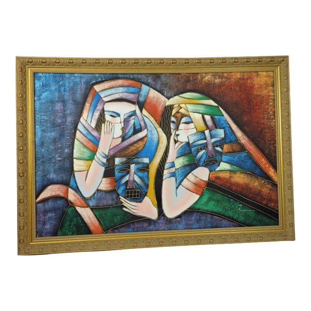 Vintage Postmodern Cubist Figurative Signed Canvas Acrylic Painting, Framed For Sale