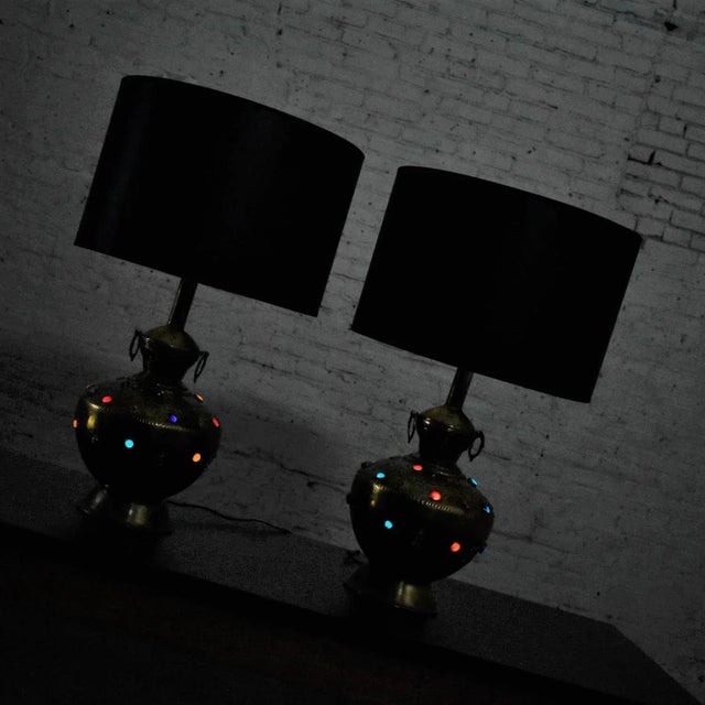 Mid 20th Century Tibetan Brass Lamps Hand Hammered With Glass Jewel Detail & New Black Shades, a Pair For Sale - Image 10 of 14